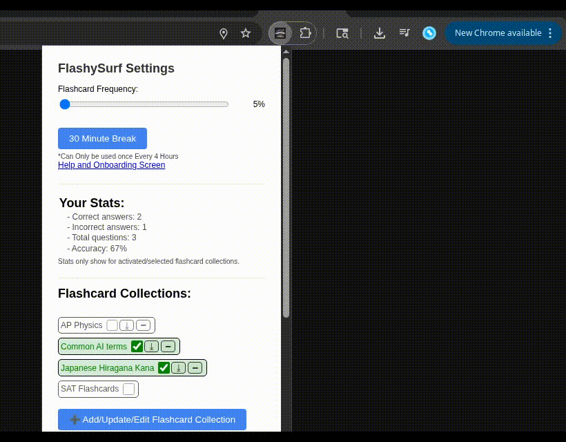 GIF placeholder showing statistics updating as collections are enabled/disabled