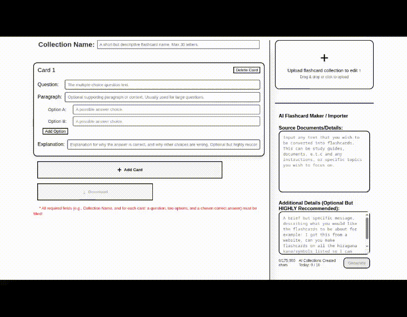 Screenshot placeholder showing the collection creator interface with manual card creation